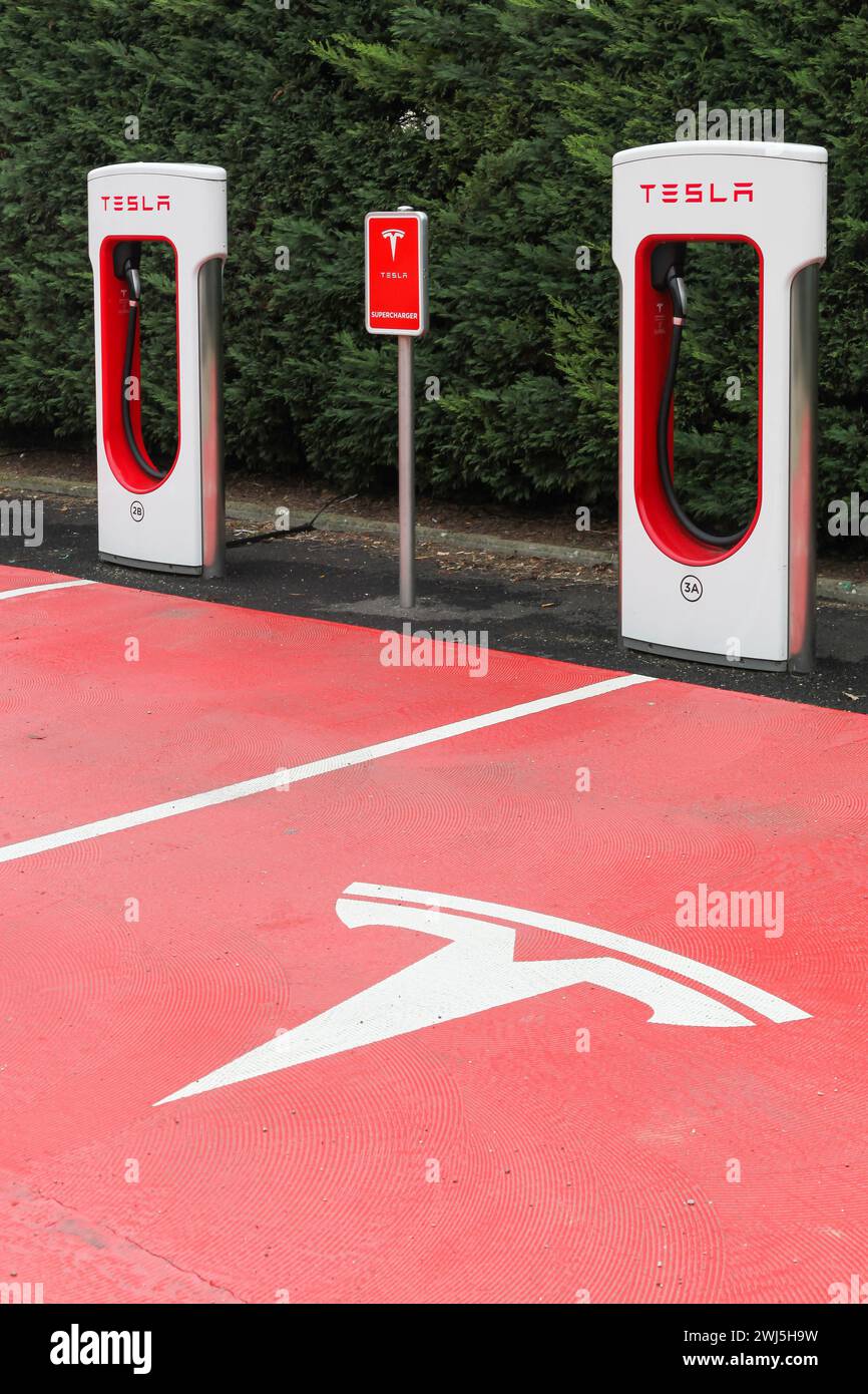 Lione, Francia - 22 ottobre 2016: Stazione di ricarica Tesla e parcheggio Foto Stock