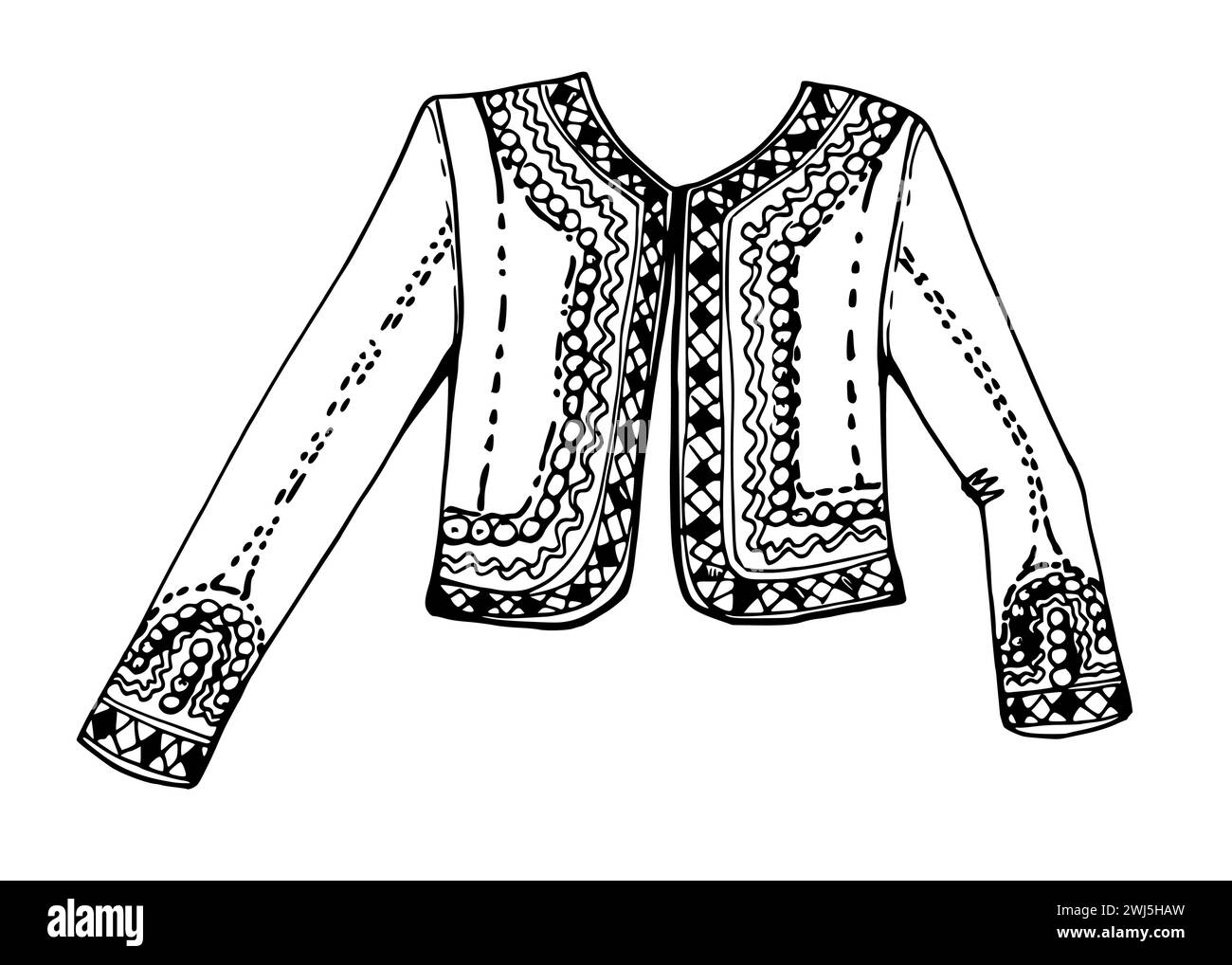 Illustrazione vettoriale a inchiostro disegnato a mano, abiti indiani nazionali ricamati giacca alla moda Sud America centrale. Singolo oggetto isolato su bianco Illustrazione Vettoriale
