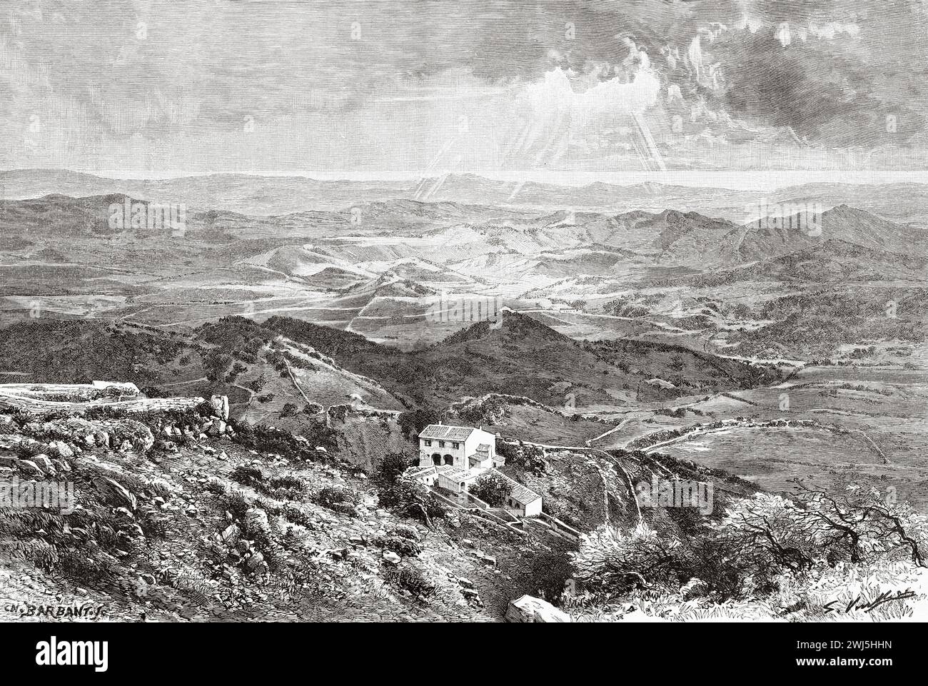 Vista dal monte El Toro, Minorca. Isole Baleari, Spagna. Gita alle Isole Baleari Menorca e Cabrera 1888 di Gaston Charles Vuillier (1845 - 1915) le Tour du Monde 1890 Foto Stock