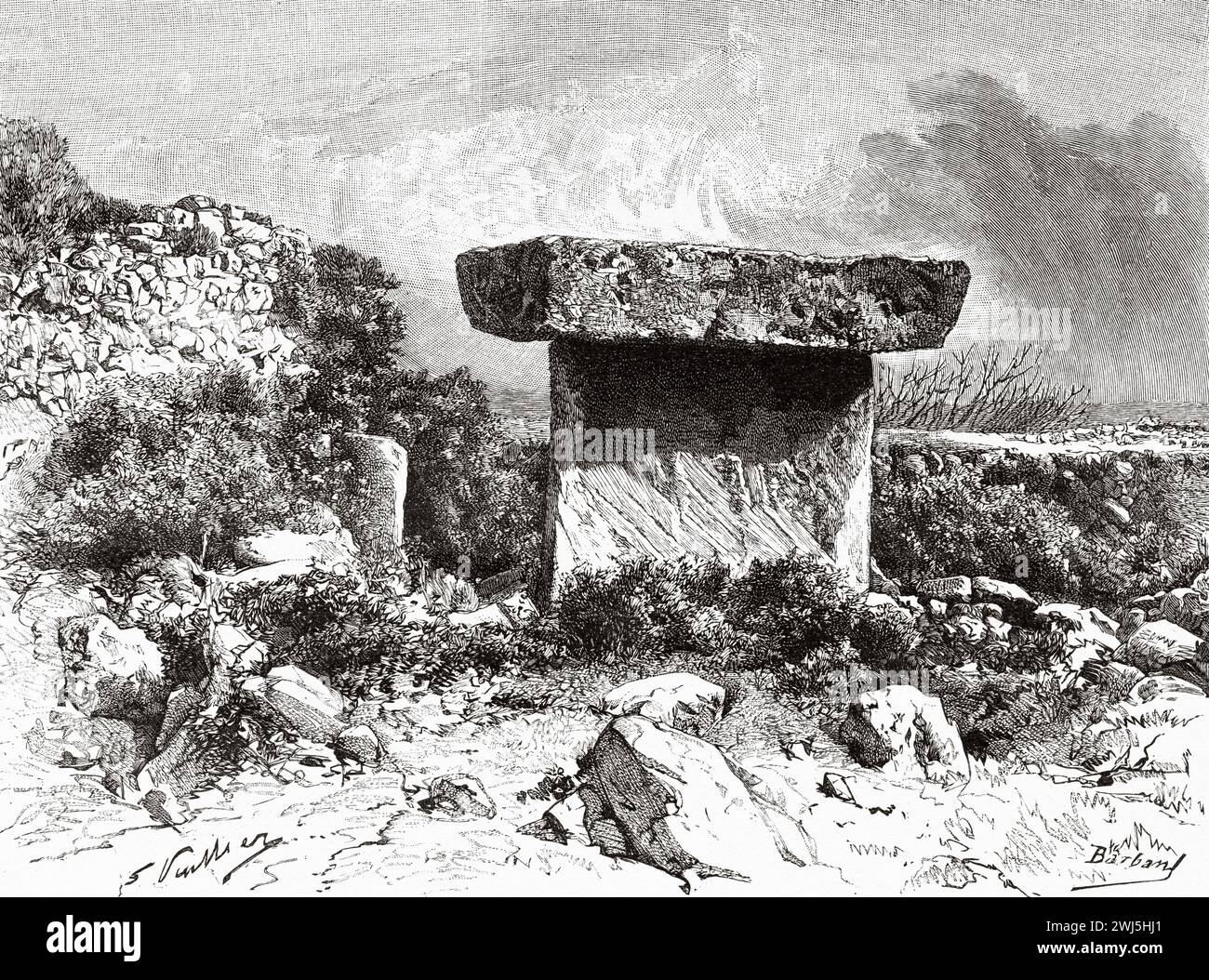 Taula de Trepucó. Monumento in pietra in stile Stonehenge costruito dalla cultura talaiotica tra il 500 a.C. e il 300 a.C. Minorca. Isole Baleari, Spagna. Gita alle Isole Baleari Menorca e Cabrera 1888 di Gaston Charles Vuillier (1845 - 1915) le Tour du Monde 1890 Foto Stock