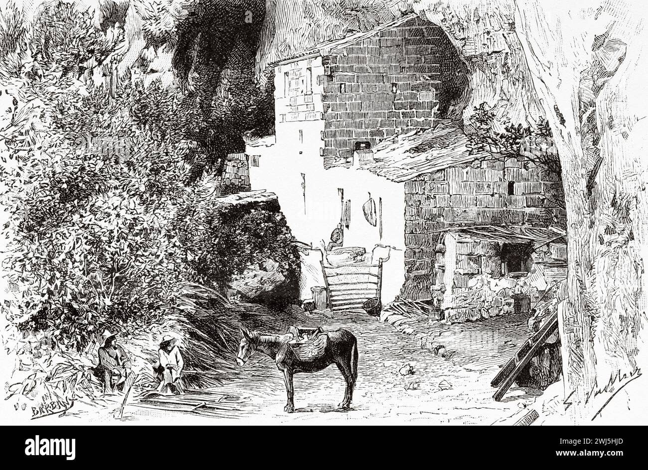 Casa rurale, burrone di Algendar, Minorca. Isole Baleari, Spagna. Gita alle Isole Baleari Menorca e Cabrera 1888 di Gaston Charles Vuillier (1845 - 1915) le Tour du Monde 1890 Foto Stock