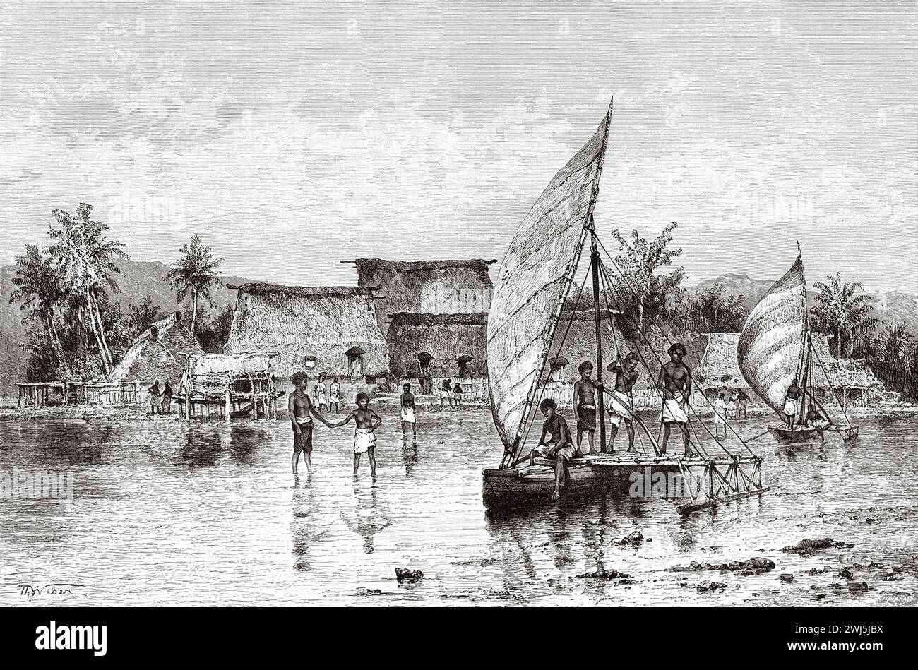 Canoe tradizionali delle Fiji, isola delle Figi, Oceania. Viaggia verso le isole Figi 1889 con Gerrit Verschuur (1840-1906) le Tour du Monde 1890 Foto Stock