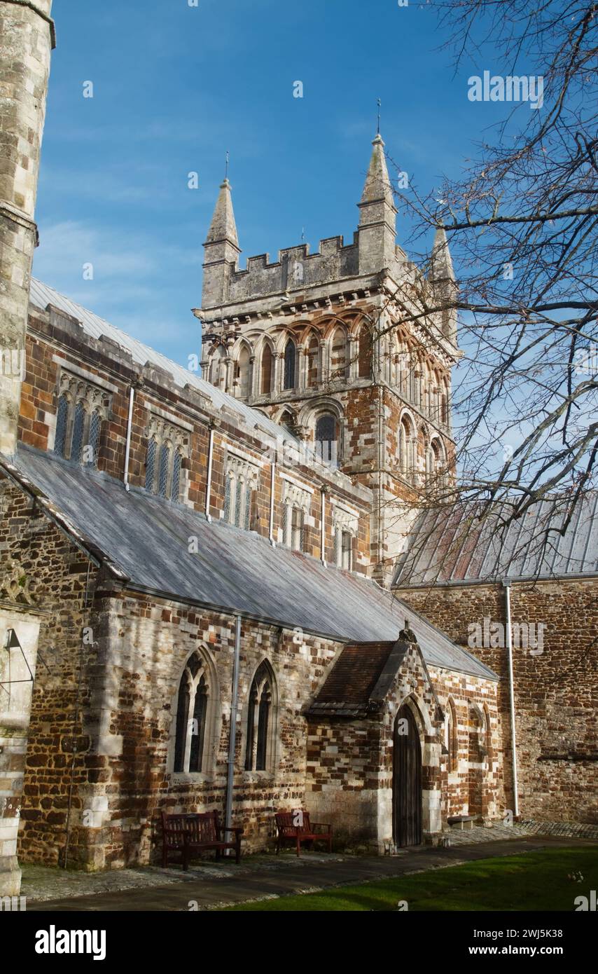 Torre del XV secolo con merlature provenienti dal sud-ovest della chiesa parrocchiale normanna e gotica di Wimborne Minster dell'XI secolo, Saint Cuthburga, Wimborne, Foto Stock