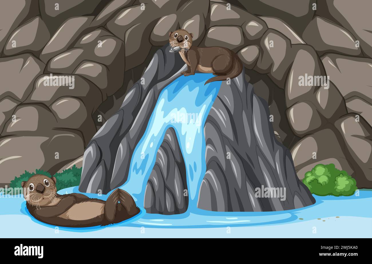 Due lontre che si godono una giornata divertente vicino a una cascata Illustrazione Vettoriale