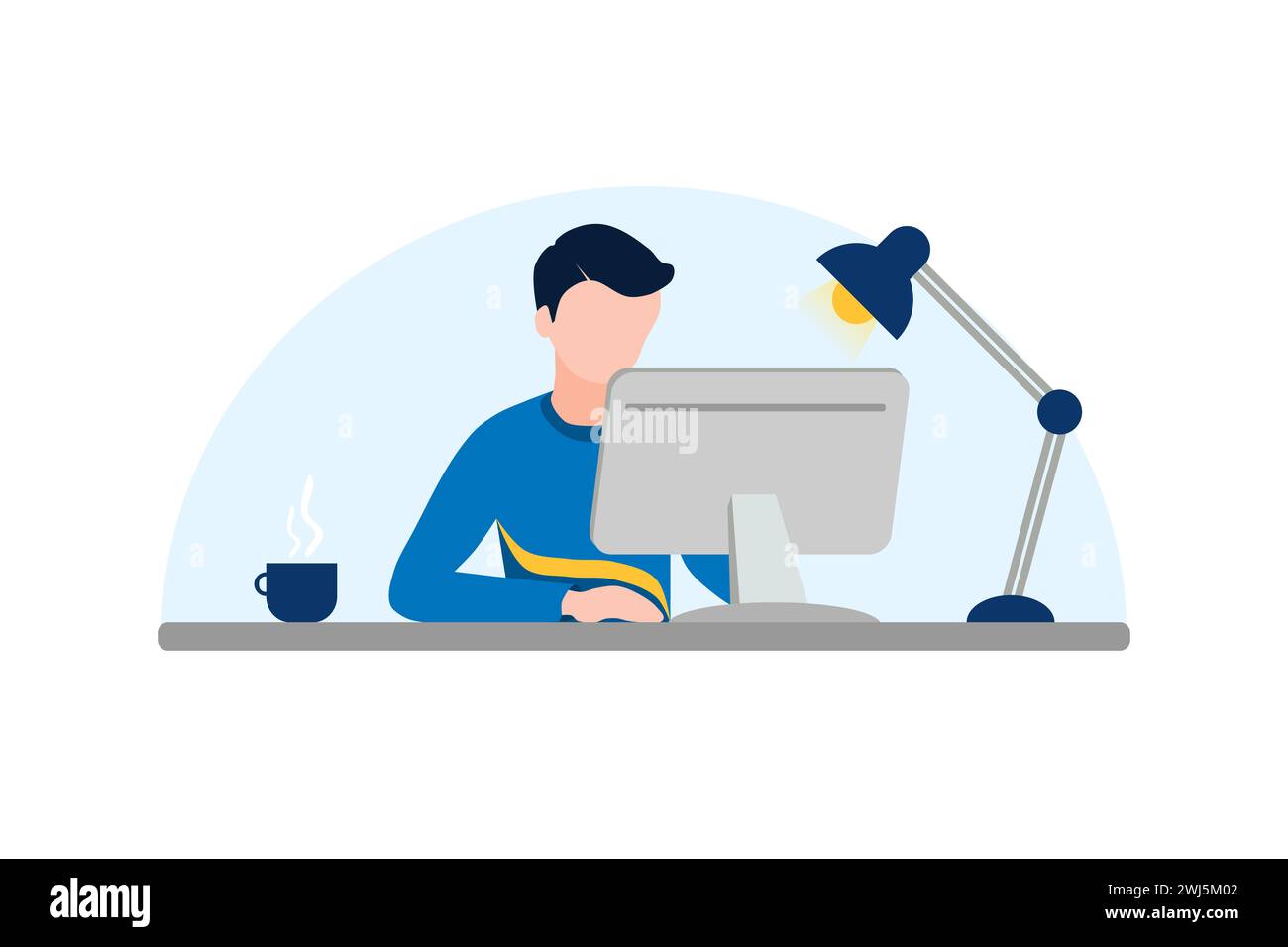 Uomo senza volto che lavora con un PC desktop. Illustrazione in stile piatto vettoriale per lavorare a casa. Illustrazione Vettoriale