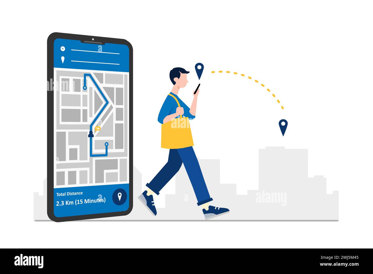 Uomo senza volto che cammina per strada utilizzando la moderna tecnologia di navigazione GPS o mappe digitali su smartphone. Illustrazione vettoriale piatta. Illustrazione Vettoriale