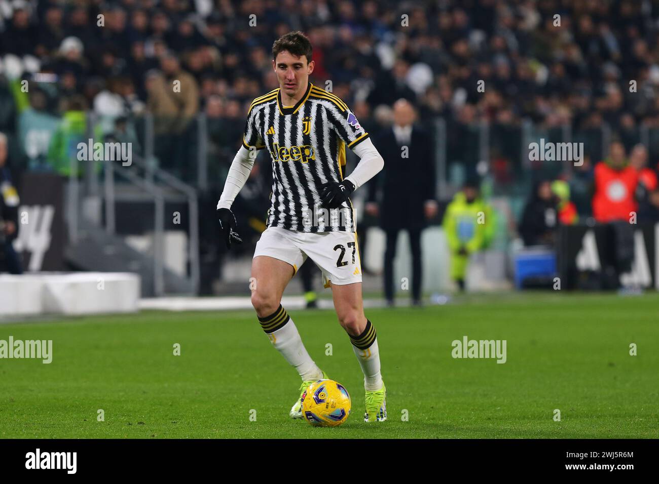 Andrea Cambiaso durante la partita tra Juventus FC e Udinese calcio il 12 febbraio 2024 all'Allianz Stadium di Torino. Foto Stock