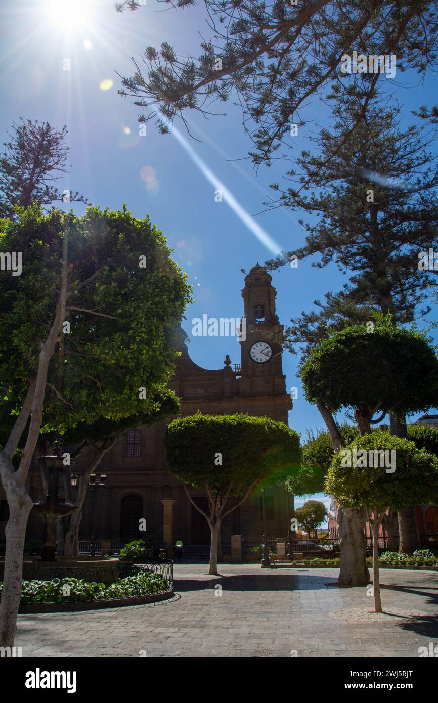 Alberi che si affacciano su una fontana e sulla chiesa di Santiago de los Caballeros nella città di Galdar sull'isola Canaria di Gran Canaria, in Europa Foto Stock