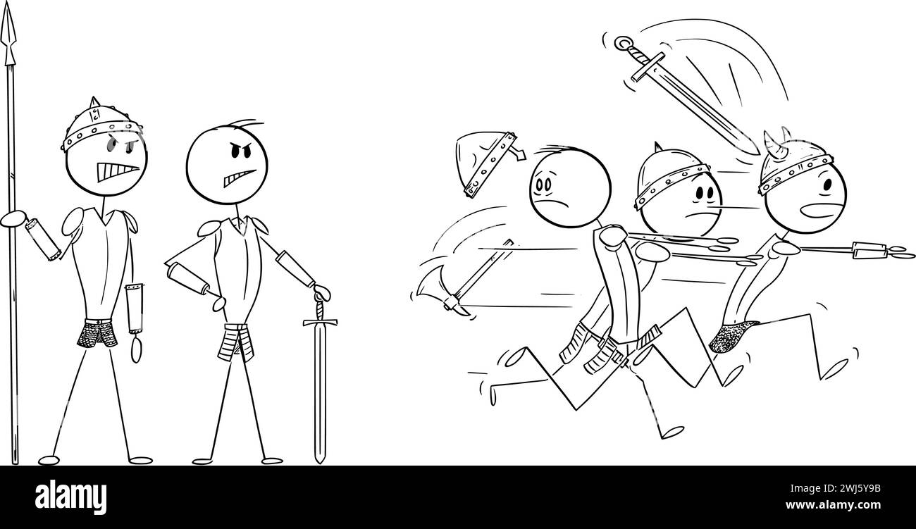 Gruppo di uomini deboli che scappano dalla paura dei guerrieri forti, illustrazione della figura di Vector Cartoon Stick Illustrazione Vettoriale Gruppo di uomini deboli che scappano dalla paura dei guerrieri forti, illustrazione della figura di Vector Cartoon Stick Illustrazione Vettoriale