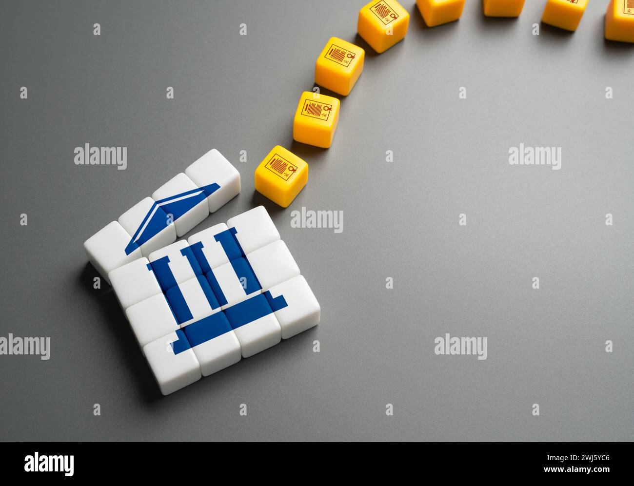 La banca riceve titoli e passività. Azioni e obbligazioni, certificati di deposito. Prestiti, mutui e depositi di clienti. Plasmare la pol monetaria Foto Stock