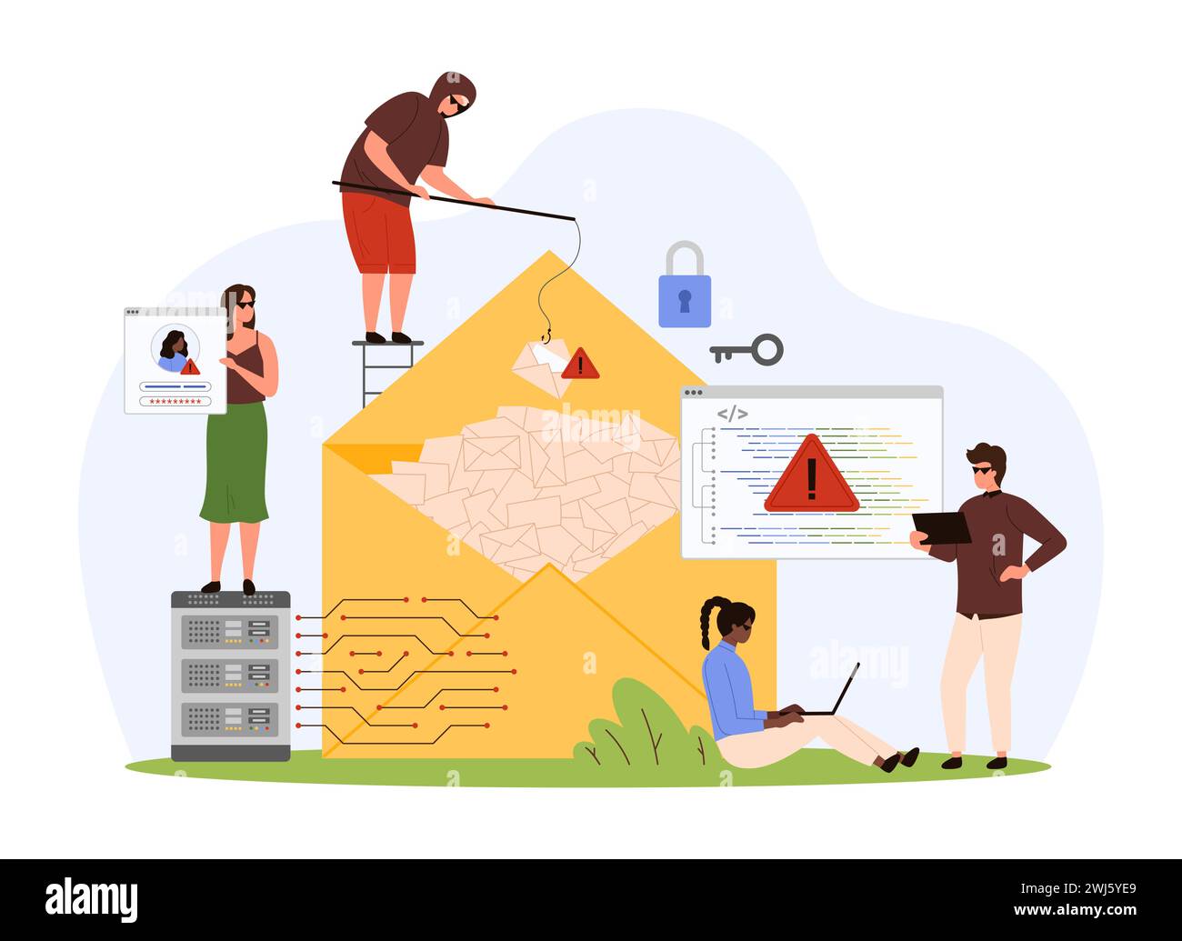 Criminalità informatica, attacchi di virus hacker al codice, phishing e attività software dannose. Piccoli ladri e criminali rubano le informazioni personali dell'account, minacce alla privacy illustrazioni vettoriali dei cartoni animati Illustrazione Vettoriale