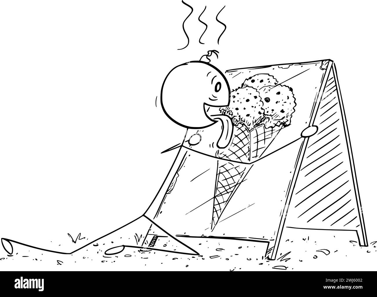 Cartello di leccarsi la persona surriscaldata con la foto del gelato, illustrazione della figura del Cartoon Stick vettoriale Illustrazione Vettoriale
