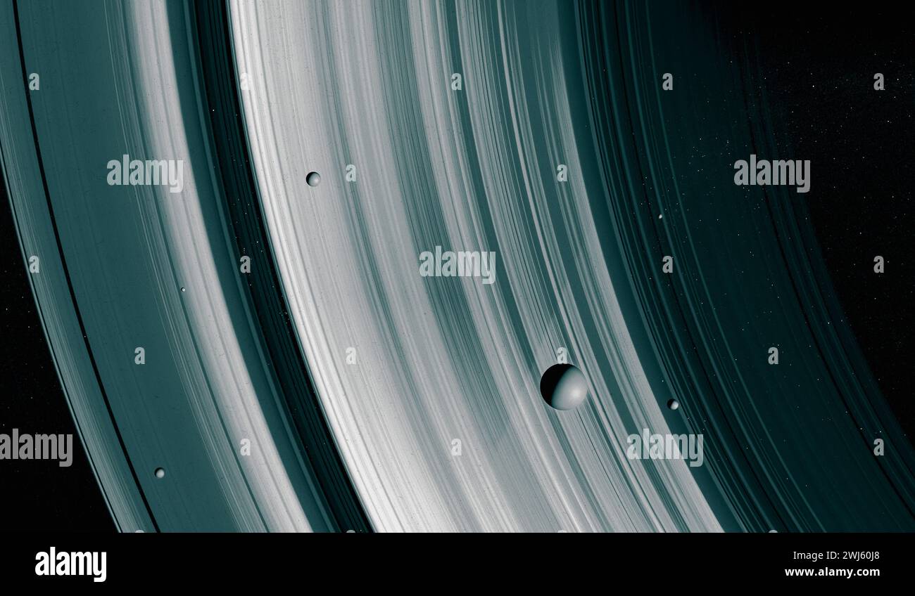 Anelli e lune di Saturno, esopianeta con anelli, spazio e universo. fantascienza. rendering 3d. Foto Stock