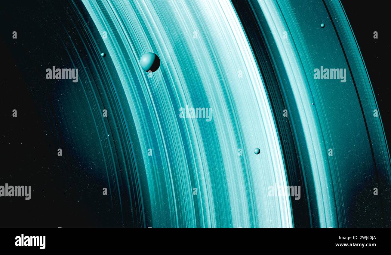 Anelli e lune di Saturno, esopianeta con anelli, spazio e universo. fantascienza. rendering 3d. Foto Stock