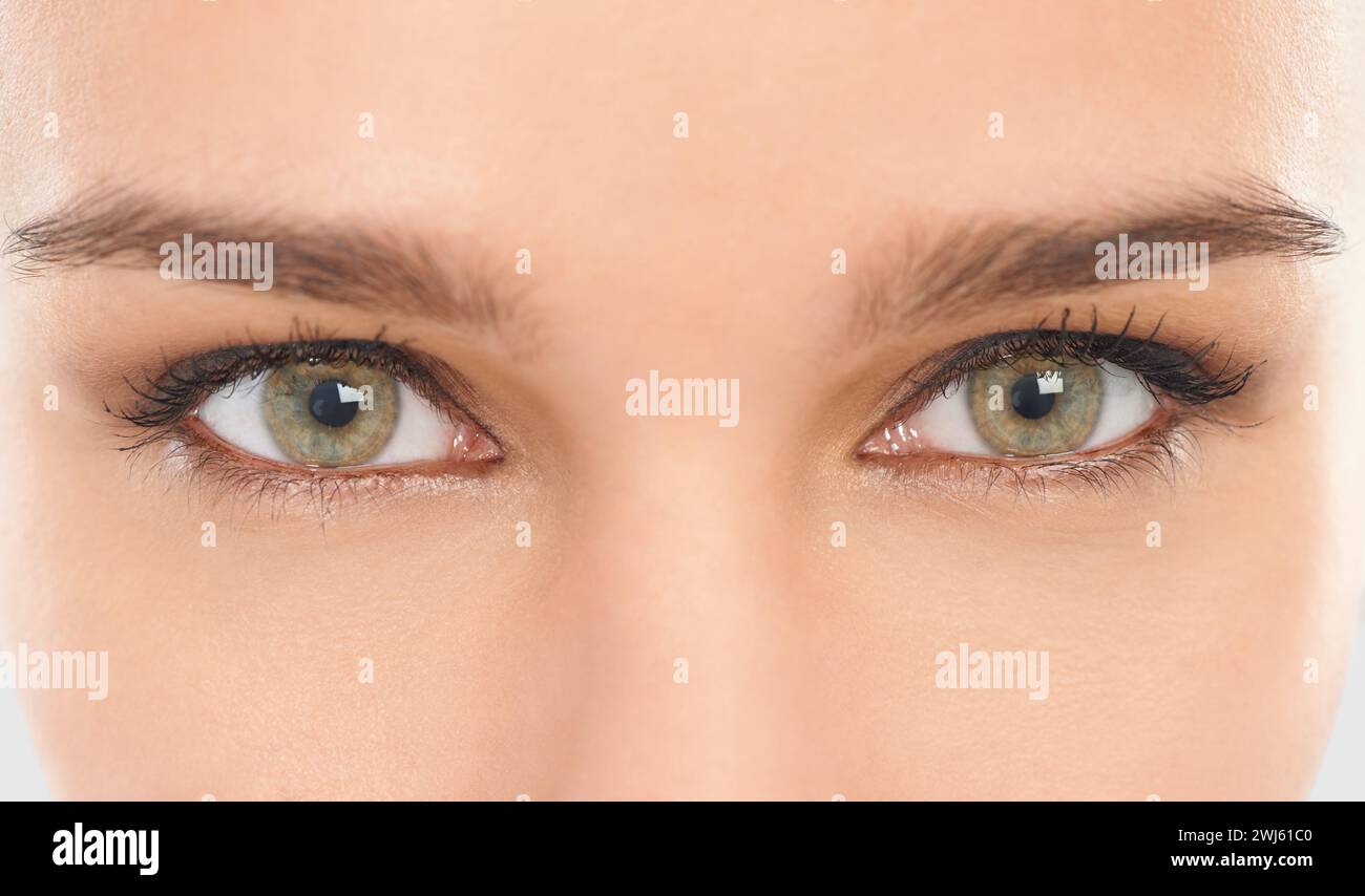 Occhi, sopracciglia e ciglia per la visione in primo piano di donna per occhi, microblading e lenti a contatto. Iris, occhio e retina di persona femminile per Foto Stock