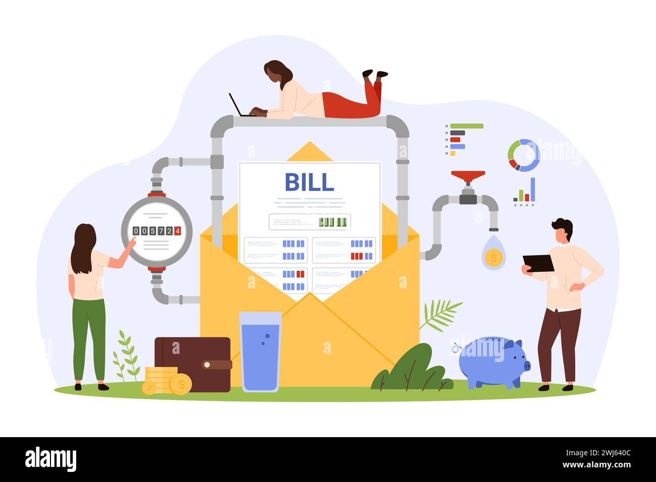 Pagamento dell'approvvigionamento idrico mediante fattura cartacea. Le piccole persone controllano il consumo di acqua per le tubazioni domestiche con letture dei contatori, bolletta non pagata nell'illustrazione vettoriale cartoni animati a busta aperta Illustrazione Vettoriale