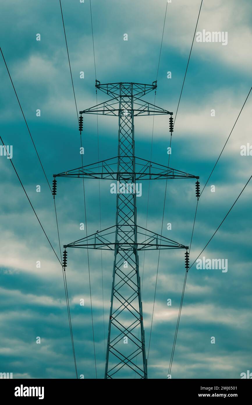 Scatto simmetrico di una torre elettrica ad alta tensione con fili contro il cielo spettacolare Foto Stock