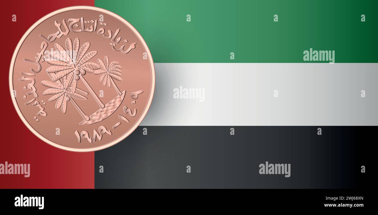 Dritto di una fils moneta di bronzo degli Emirati Arabi Uniti con la bandiera degli Emirati Arabi Uniti. Illustrazione vettoriale. Illustrazione Vettoriale