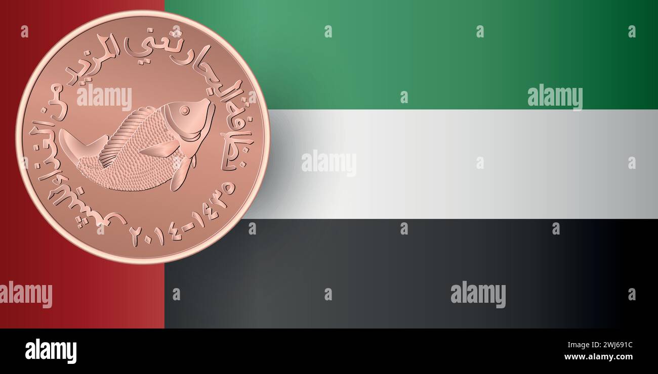Dritto di cinque fils moneta di bronzo degli Emirati Arabi Uniti con la bandiera degli Emirati Arabi Uniti. Illustrazione vettoriale. Illustrazione Vettoriale