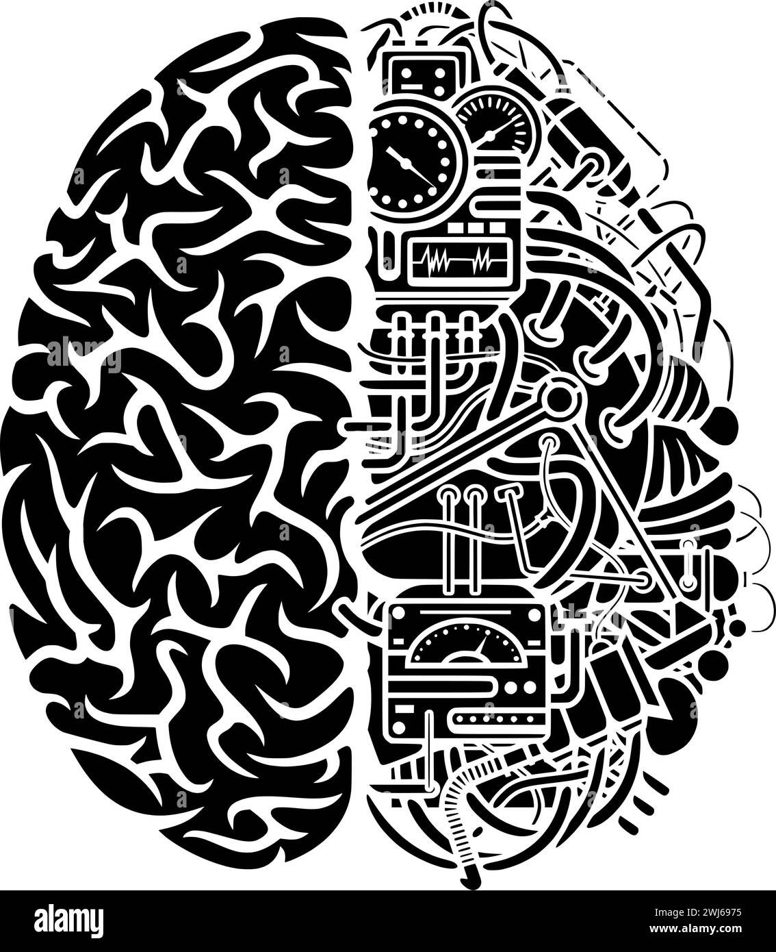 immagine nera del cervello o macchina piatta del logo della tecnologia digitale per i dati con l'icona della scienza e l'intelligenza di forma artificiale come elaborazione Illustrazione Vettoriale