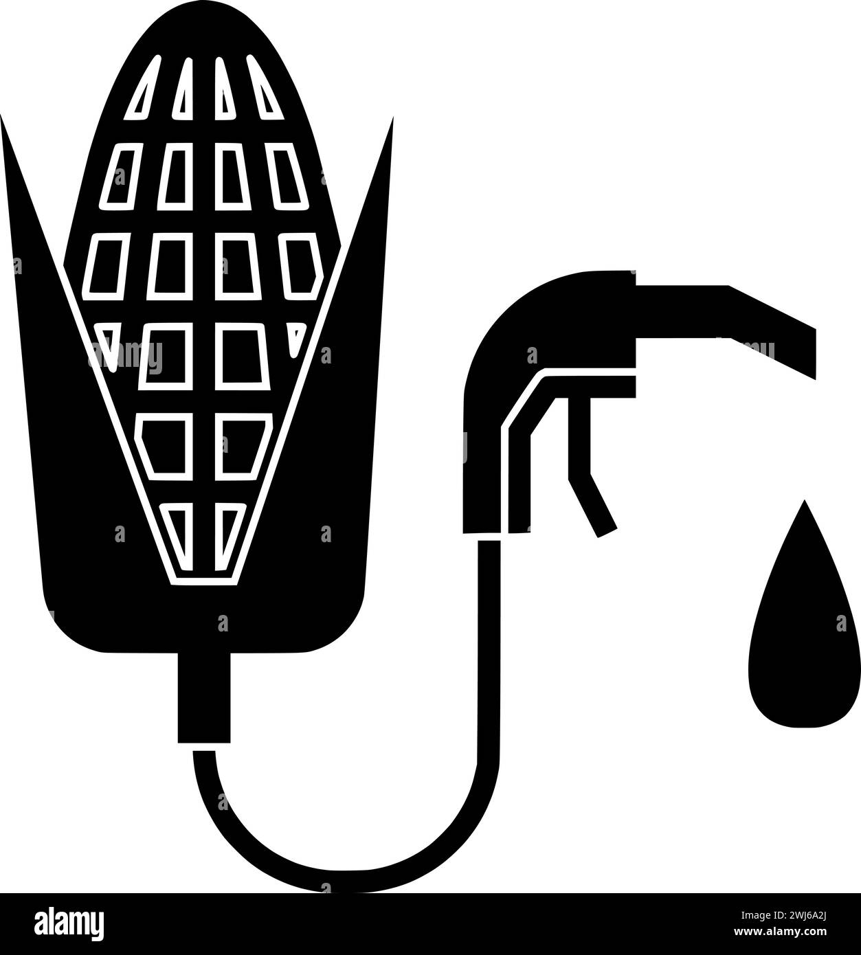 silhouette nera a benzina o illustrazione piatta a bioenergia dell'olio con logo energy per mais con icona a foglia e biodiesel a forma di carburante come bio-industria Illustrazione Vettoriale