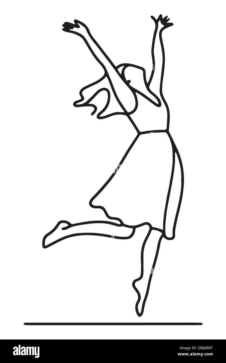 Una giovane ragazza sta ballando con gioia. L'illustrazione minimalista utilizza linee semplici per rappresentare la felicità e il movimento della donna. Il disegno a linea singola Illustrazione Vettoriale