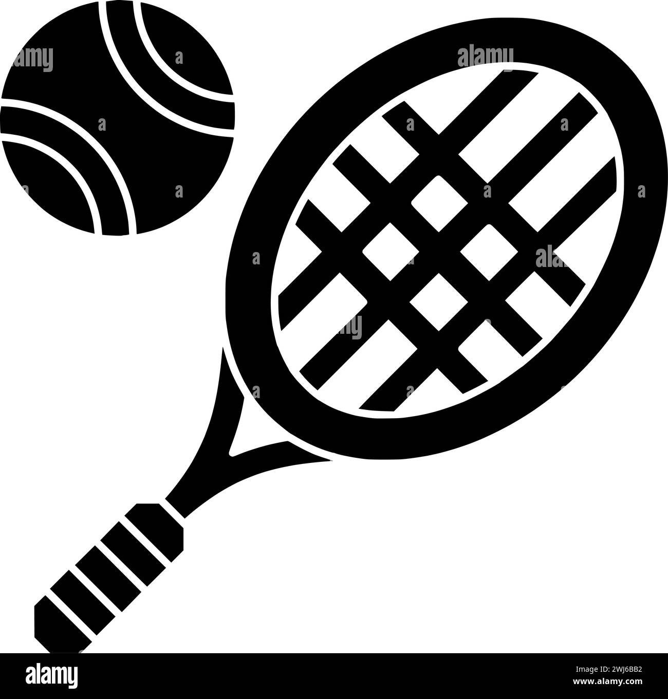 silhouette nera da tennis o racchetta piatta che raffigura la palla con il logo dell'attrezzatura per lo sport, con icona di gioco e forma di gioco per ricreare la tourna Illustrazione Vettoriale