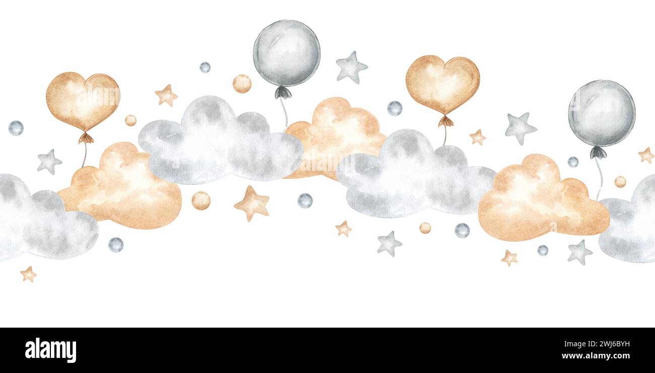 Illustrazione della cornice ad acquerello con bordo senza giunture nuvola. Schema cielo e stelle per la stanza del bambino. Modello disegnato a mano su sfondo isolato. Vivaio ninna nanna Foto Stock