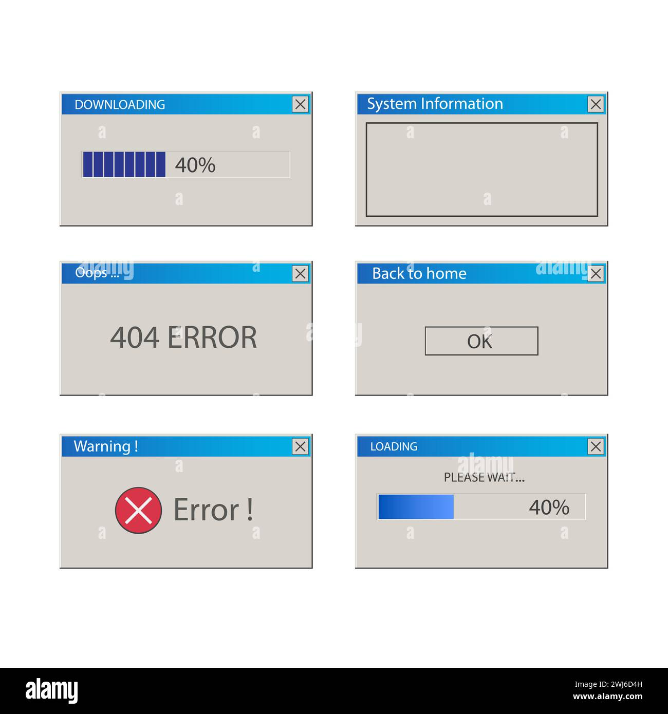 Messaggio operativo .Classic Operating System User Interface element.Set di messaggi del computer, vettore. Illustrazione Vettoriale