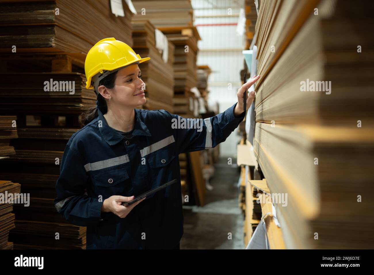 Una giovane lavoratrice di magazzino controlla e conta le scatole di cartone presenti nel magazzino utilizzando un tablet digitale. Foto Stock