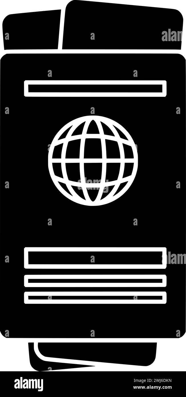 biglietto nero con silhouette o passaporto piatto immagine del logo di viaggio turismo per le vacanze con l'icona del viaggio e il mondo della forma turistica come vacanza da flig Illustrazione Vettoriale