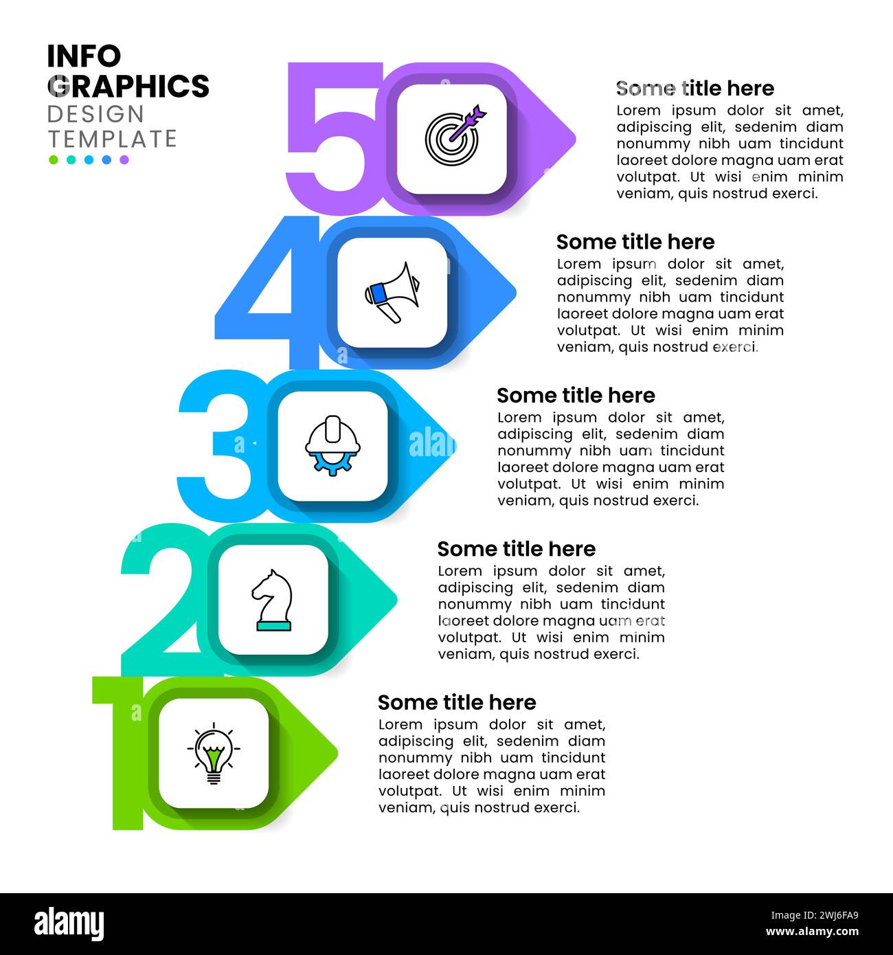 Modello infografico con icone e 5 opzioni o passaggi. Scala. Può essere utilizzato per il layout del flusso di lavoro, il diagramma, il banner, il webdesign. Illustrazione vettoriale Illustrazione Vettoriale