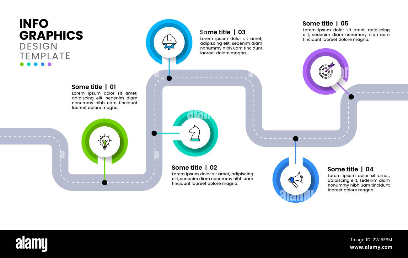 Modello infografico con icone e 5 opzioni o passaggi. Strada. Può essere utilizzato per il layout del flusso di lavoro, il diagramma, il banner, il webdesign. Illustrazione vettoriale Illustrazione Vettoriale