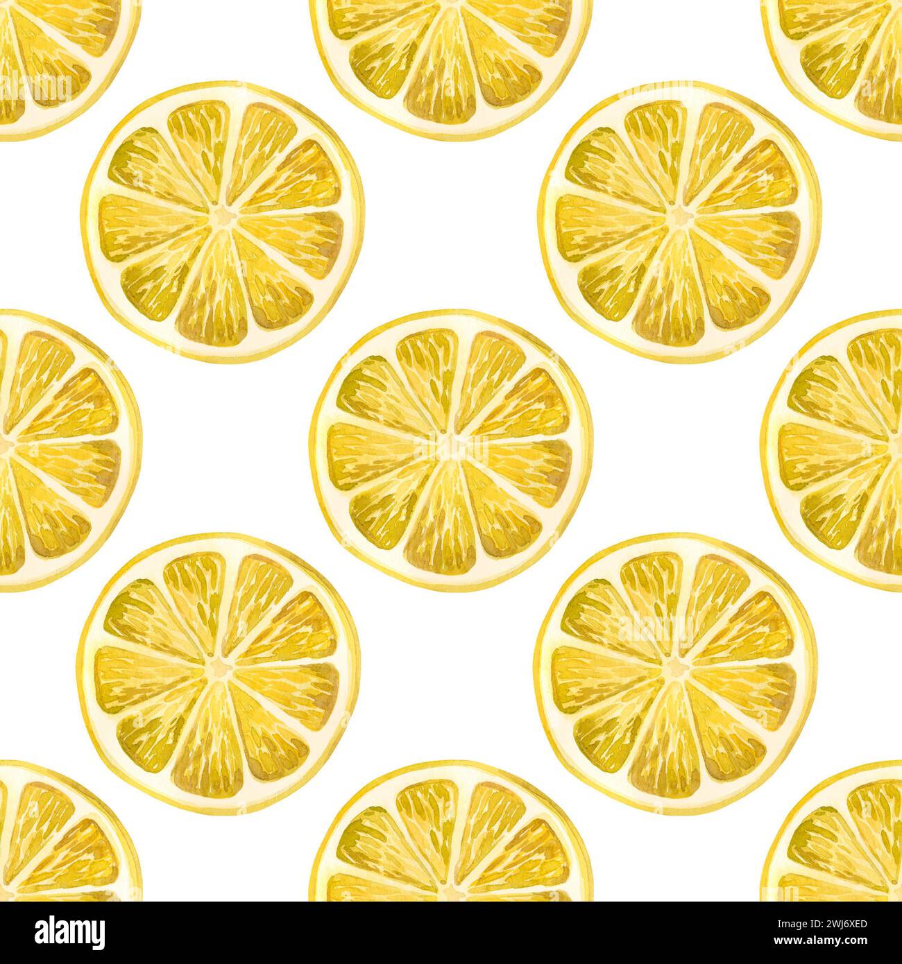 Motivo acquerello. Cerchi gialli di limone, disegnati a mano in acquerello su sfondo bianco. Adatto per la stampa su tessuto e carta, per la cucina Foto Stock