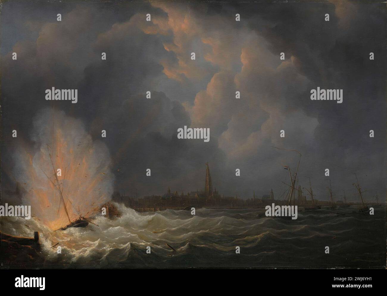 L'esplosione della Gunboat nr 2, sotto il comando di Jan van Speijk, al largo di Anversa, 5 febbraio 1831, Martinus Schouman, 1832 Foto Stock