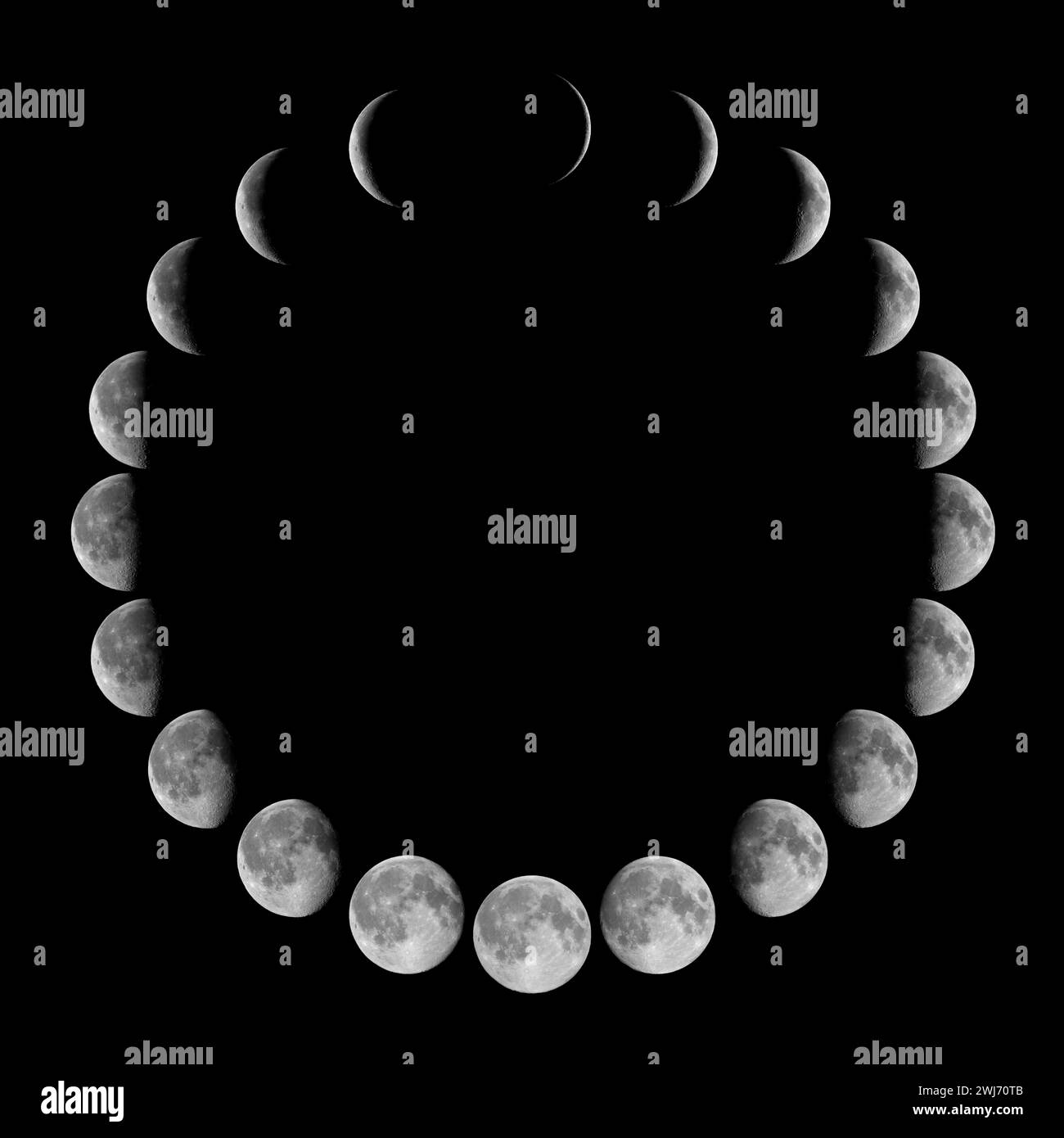 Tutte le fasi della Luna: Discesa Crescent, terzo quarto, discesa Gibbous, Luna piena, ceretta Gibbous, primo quarto e via della ceretta su un grande mosaico aga Foto Stock Tutte le fasi della Luna: Discesa Crescent, terzo quarto, discesa Gibbous, Luna piena, ceretta Gibbous, primo quarto e via della ceretta su un grande mosaico aga Foto Stock