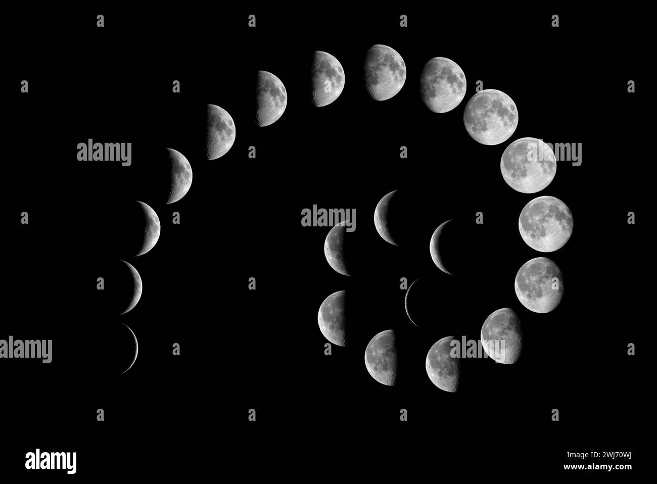 Tutte le fasi della Luna: Discesa Crescent, terzo quarto, discesa Gibbous, Luna piena, ceretta Gibbous, primo quarto e via della ceretta su un grande mosaico aga Foto Stock Tutte le fasi della Luna: Discesa Crescent, terzo quarto, discesa Gibbous, Luna piena, ceretta Gibbous, primo quarto e via della ceretta su un grande mosaico aga Foto Stock