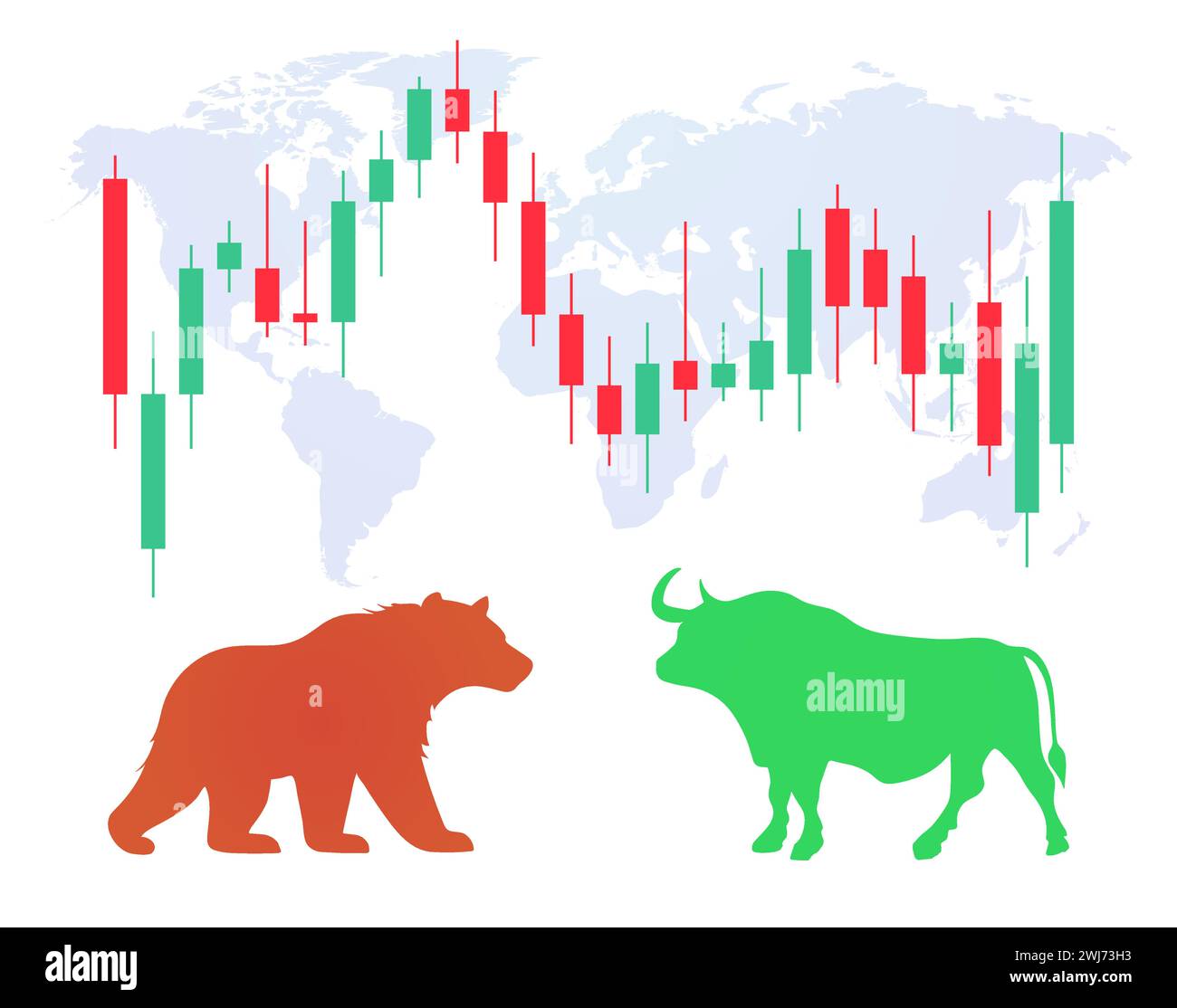 Progettazione di borsa Bull Bear Market. Rialzista forex ribassista mercato broker tendenza contesto economico. Illustrazione Vettoriale