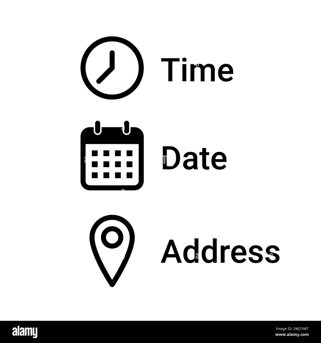 Evento vettoriale di invito icona della riga dell'indirizzo della data e dell'ora. Inserire il pin dell'orologio del calendario l'indirizzo il simbolo di invito all'evento le informazioni di progettazione. Illustrazione Vettoriale