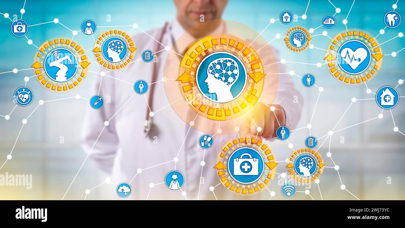 Medico maschile irriconoscibile della medicina sta attivando le cose mediche via Internet. Concetto IT di assistenza sanitaria per l'intelligenza artificiale, Internet di Foto Stock