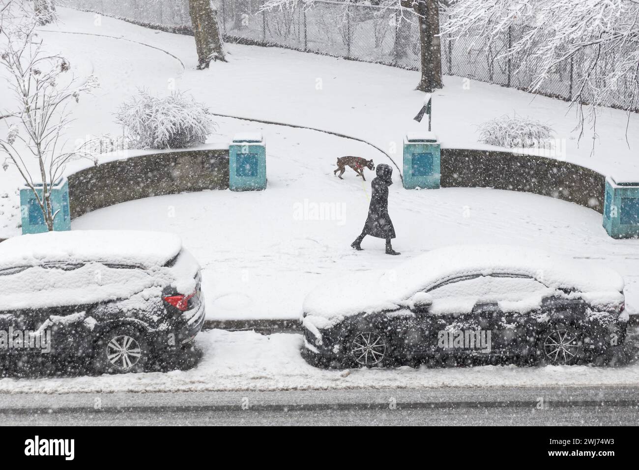 La neve è caduta e si è accumulata nella città di Jersey City nello stato del New Jersey negli Stati Uniti questo martedì 13. A partire dalla fine del 12 febbraio si prevede una forte nevicata in alcune zone del nord-est degli Stati Uniti, con alcune aree che raggiungono i 5 cm di neve all'ora, ha detto il National Weather Service Forecasters. Crediti: Brasile Photo Press/Alamy Live News Foto Stock