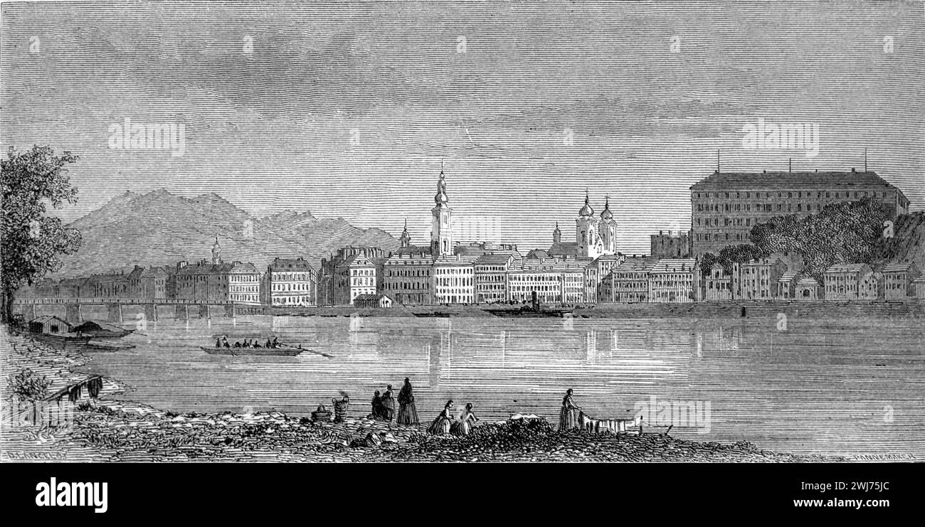 Vista anticipata di Linz sul Danubio Austria. Incisione vintage o storica o illustrazione 1863 Foto Stock