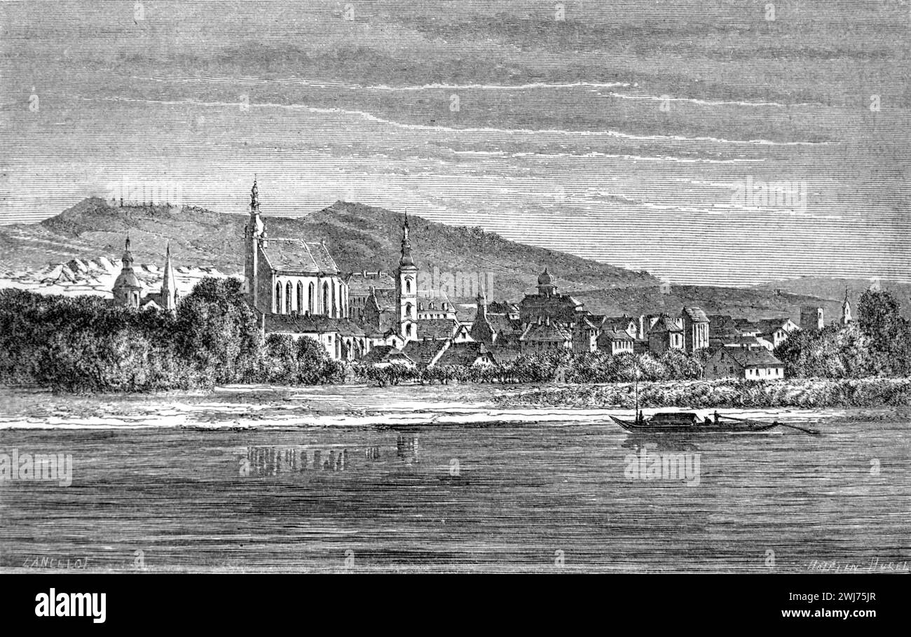 Vista anticipata di Krems an der Donau e del Danubio, bassa Austria. Incisione vintage o storica o illustrazione 1863 Foto Stock