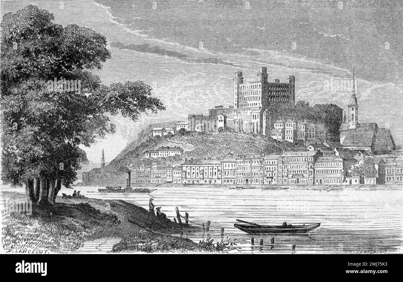 Vista anticipata di Bratislava, precedentemente conosciuta come Pressburg, sul fiume Danub, capitale della Slovacchia. Incisione vintage o storica o illustrazione 1863 Foto Stock