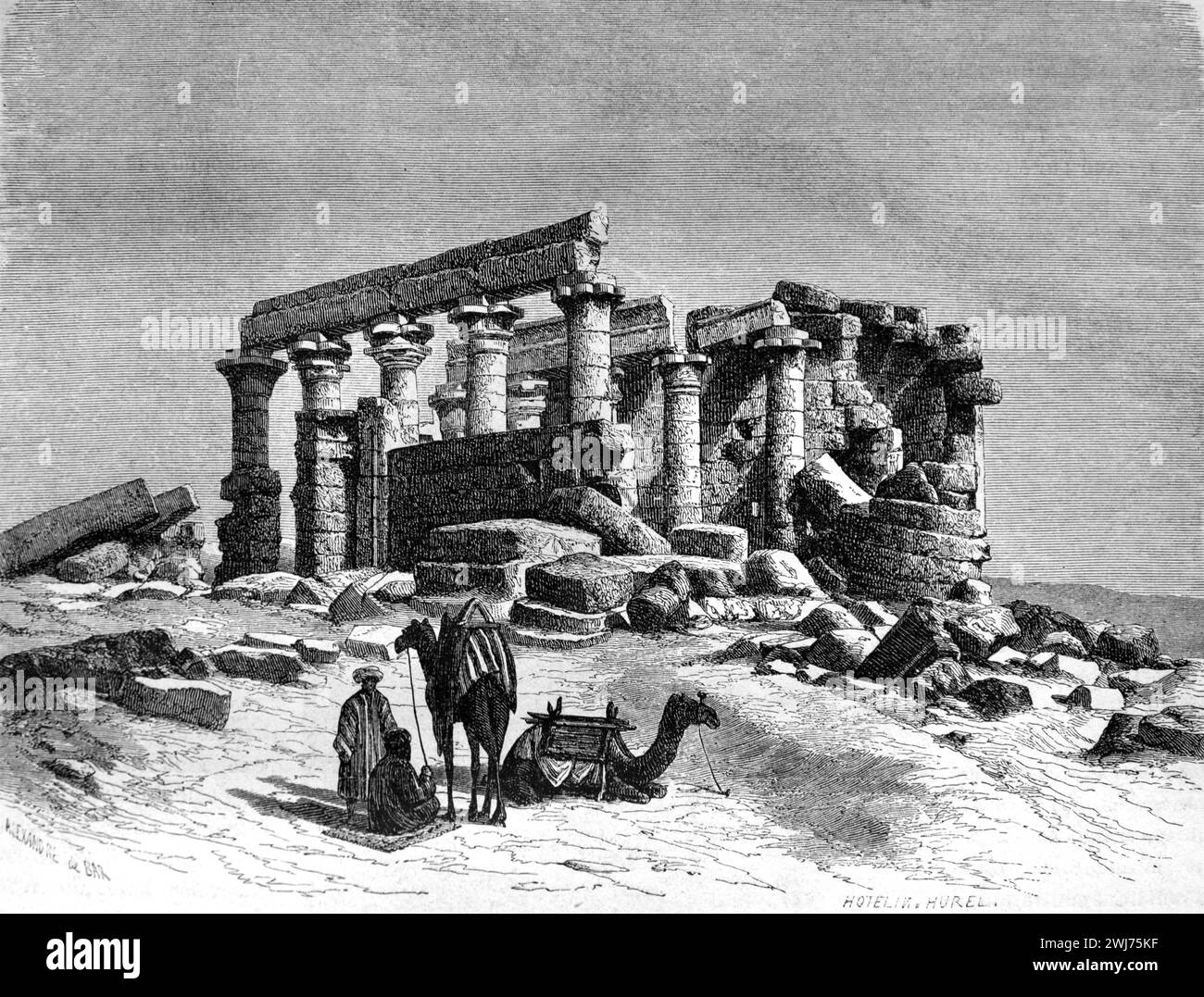 Le rovine del Tempio di Maharraqa o Tempio al-Maharraqa sul suo sito originale nella bassa Nubia prima di essere trasferito al nuovo Wadi es-Sabua nel 196às, Nubia, Egitto. L'antico tempio egizio è dedicato a Iside e Serapide. Incisione vintage o storica o illustrazione 1863. Foto Stock