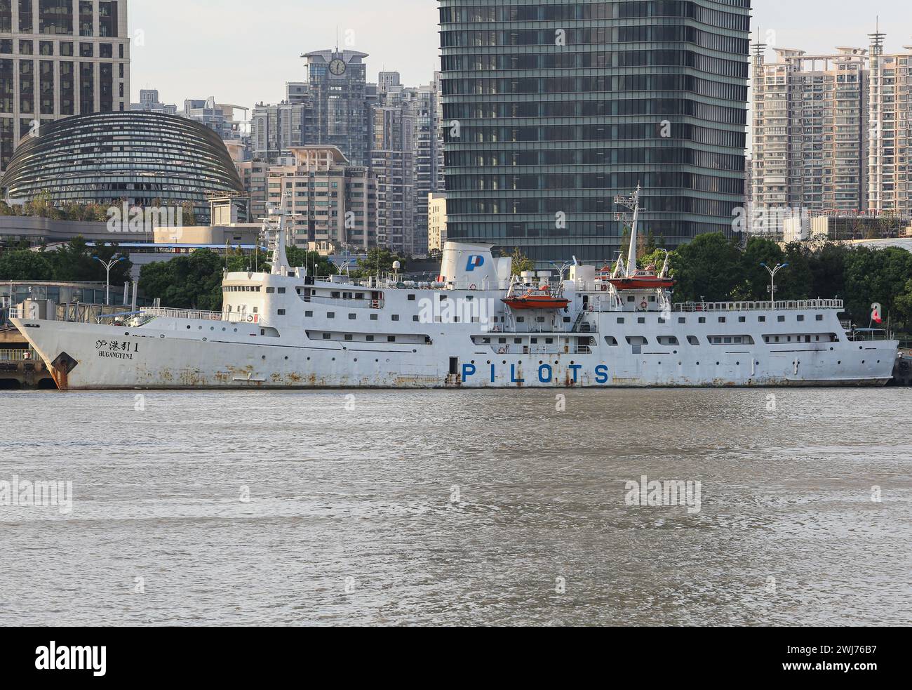 Pilota HU GANG YIN 1, porto del centro di Shanghai, fiume Huangpu, nave più grande dell’Associazione dei piloti marittimi cinesi Foto Stock