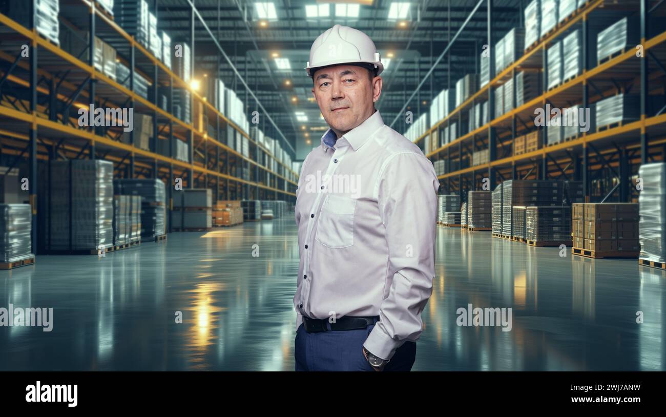 Un responsabile di magazzino maschile in uno stabilimento di produzione Foto Stock