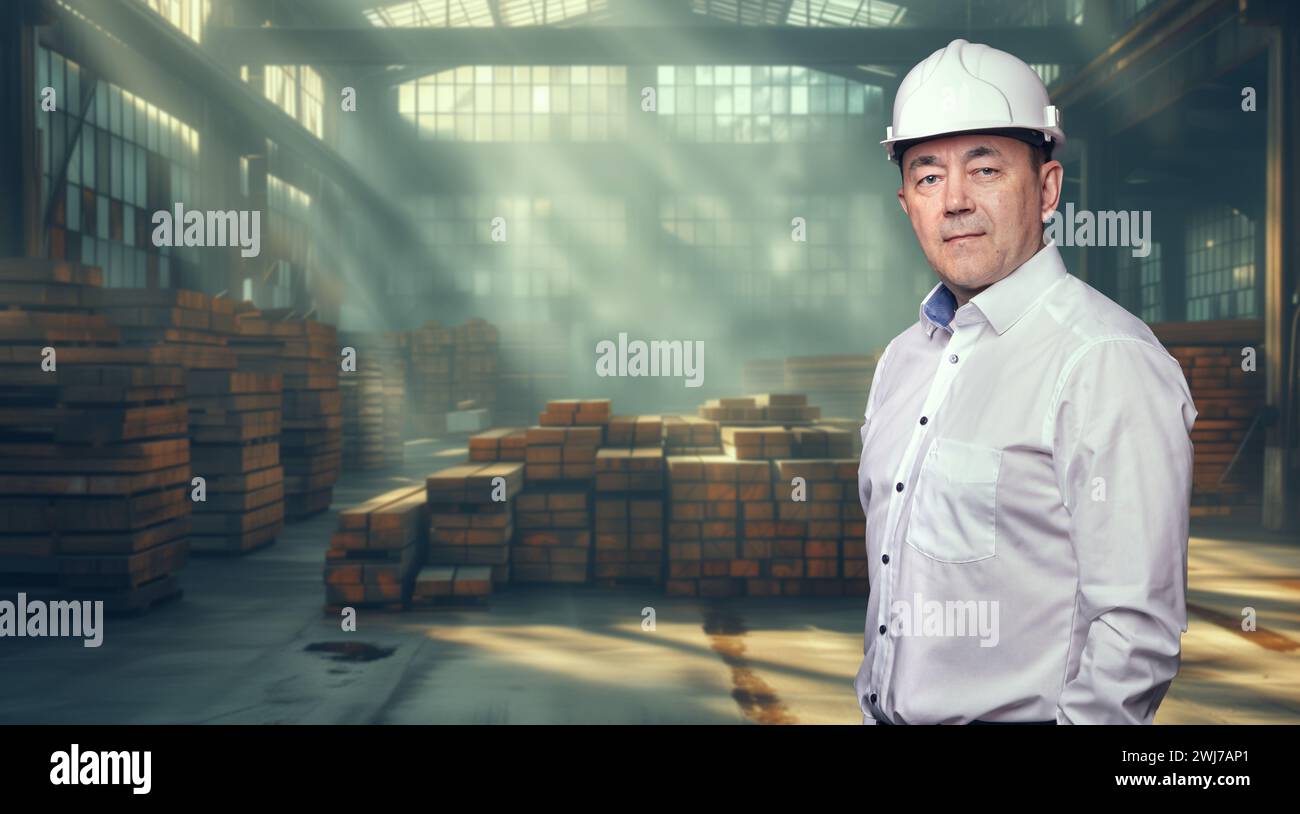 Un responsabile di magazzino maschile in uno stabilimento di produzione Foto Stock