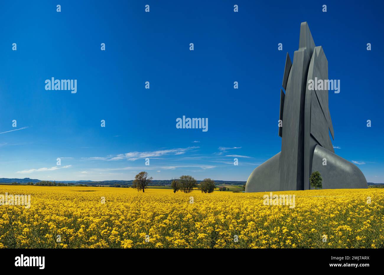 Vista del paesaggio rurale con un edificio futuristico e irreale Foto Stock