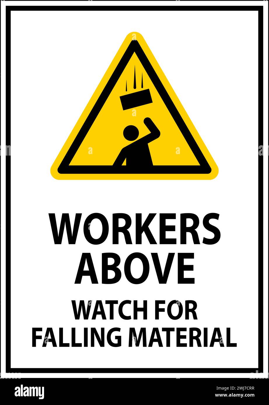 Cartello di pericolo, lavoratori sopra la guardia per la caduta di materiale Illustrazione Vettoriale